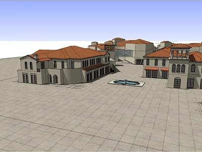 Mediterranean Style Commercial Street with Red Tiled Roofs Buildings Plaza Fountain and Stone Paved Ground 3d model
