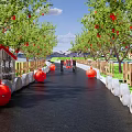 Scenic Pomegranate Picking Garden With Stone Path Stone Mill Decorations Red Lanterns And Mountain View