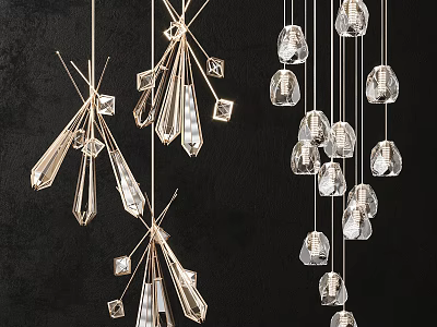 Unique Modern Chandeliers Featuring Geometric Shapes Transparent Accents And Metallic Frames 3d model