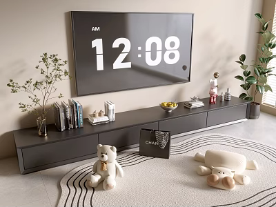 Modern Black TV Stand With Wall Mounted TV Books Decorations And Stuffed Toys On Rug 3d model