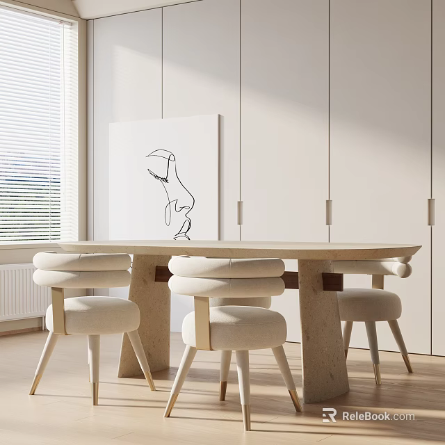 Modern Rectangular Dining Table Set With Beige Upholstered Chairs White Cabinets And Abstract Painting 3d model 