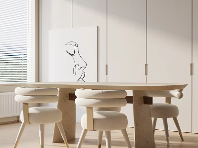 Modern Rectangular Dining Table Set With Beige Upholstered Chairs White Cabinets And Abstract Painting 3d model