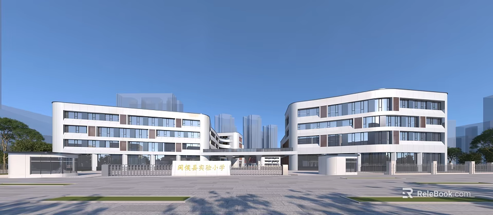 Modern School Building With Connected Wings Glass Curtain Walls Spacious Entrance Plaza Under Blue Sky 3d model 