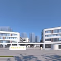 Modern School Building With Connected Wings Glass Curtain Walls Spacious Entrance Plaza Under Blue Sky