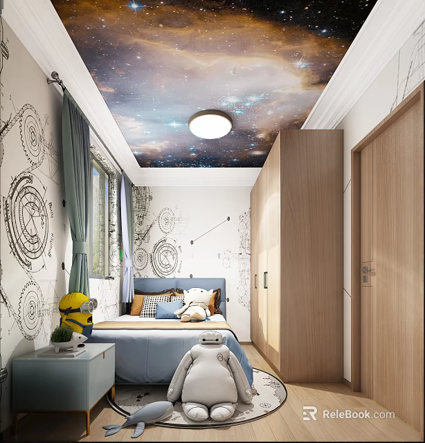 Kids Room Interior Featuring Starry Sky Ceiling Patterned Walls Bed Storage Cabinets And Toys 3d model 