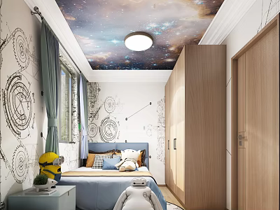 Kids Room Interior Featuring Starry Sky Ceiling Patterned Walls Bed Storage Cabinets And Toys 3d model