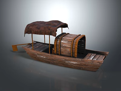 Classic Vintage Wooden Boat Featuring Brown Canopy Wooden Barrel And Oar 3d model