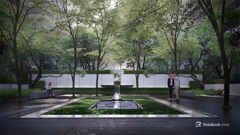 Serene Residential Landscape With Lush Trees Green Lawn Central Fountain And White Walls 3d model 