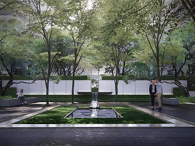 Serene Residential Landscape With Lush Trees Green Lawn Central Fountain And White Walls 3d model