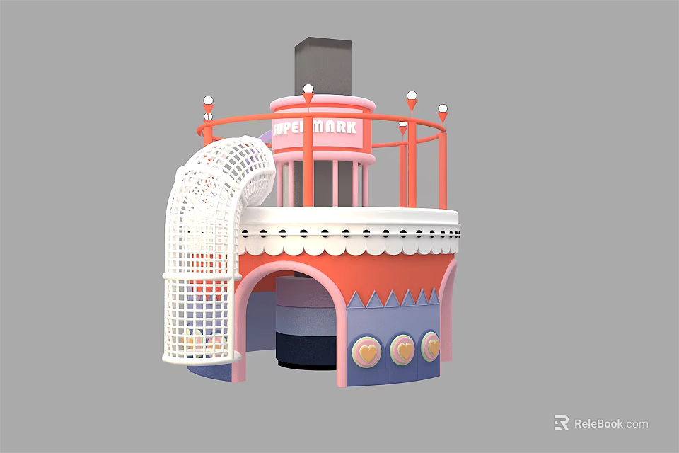 Candy Themed Playhouse With Pink Top White Grid Slide And Orange Railings 3d model 