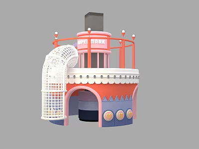 Candy Themed Playhouse With Pink Top White Grid Slide And Orange Railings 3d model