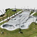 Scenic Outdoor Skate Park With Concrete Ramps Green Grass And Street Lamps