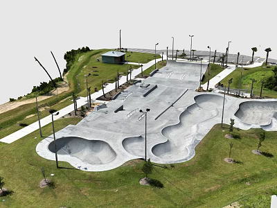 Scenic Outdoor Skate Park With Concrete Ramps Green Grass And Street Lamps 3d model