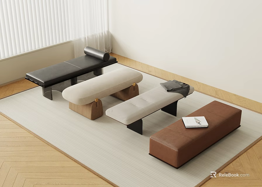 Modern Living Room With Black Beige Brown Leather Wooden Benches On Carpet And Wooden Floor 3d model 