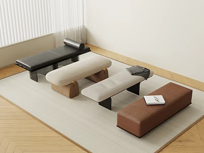 Modern Living Room With Black Beige Brown Leather Wooden Benches On Carpet And Wooden Floor 3d model