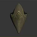 Abstract Geometric Sculpture With Brownish Gray Body Yellow Accent Lines And Green Glowing Details