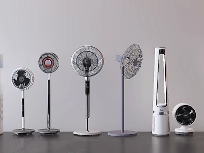 Different Types of Household Electric Fans Including Standing Tower and Table Models on 3d model