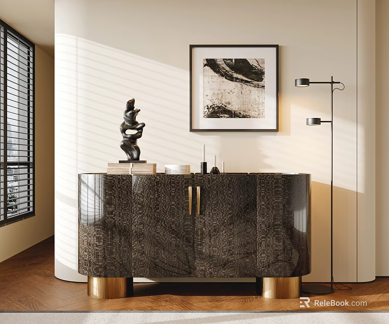 Elegant Entryway Sideboard Cabinet With Dark Wood Grain Golden Handles Brass Legs Floor Lamp And Wall Art 3d model 