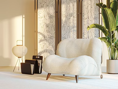 Modern Cream Colored Plush Single Sofa With Textured Screen Floor Lamp And Large Plant 3d model