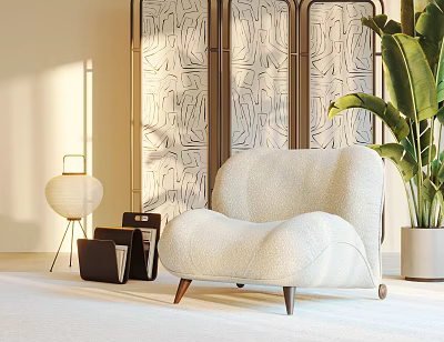Modern Cream Colored Plush Single Sofa With Textured Screen Floor Lamp And Large Plant 3d model