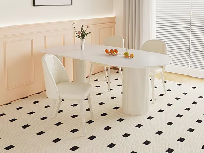 Modern White Oval Dining Table Set with Four Chairs Light Walls Window Blinds and Geometric Rug 3d model