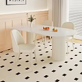Modern White Oval Dining Table Set with Four Chairs Light Walls Window Blinds and Geometric Rug