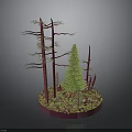 Miniature Forest Scene With Red Trunk Trees Green Pine And Red Green Ground Cover