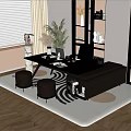 Modern Office Desk With Black Tabletop Golden Stools Brown Chair Bookshelf And Green Plant