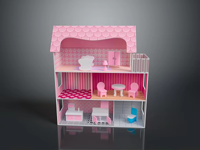Pink Multi Level Toy Dollhouse Featuring Living Room Dining Area Bedroom And Bathroom Details 3d model
