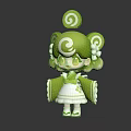 Cute Green And White Cartoon Character Creature With Spiral Hair And Lace Trimmed Kimono Outfit