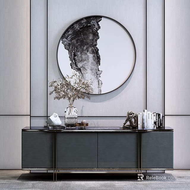 Entryway Interior With Console Table Vase Sculpture Books And Circular Wall Art 3d model 