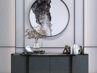 Entryway Interior With Console Table Vase Sculpture Books And Circular Wall Art 3d model