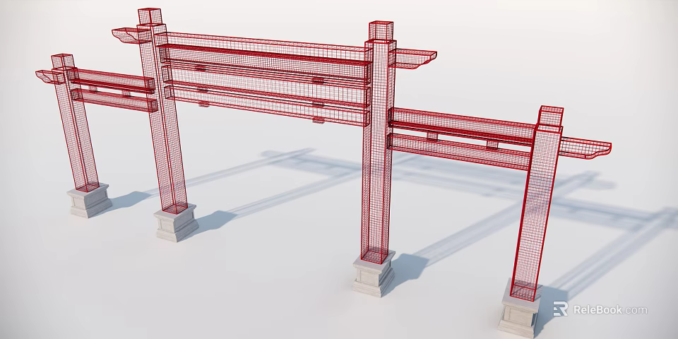 Traditional Chinese Red Archway With Detailed Wireframe Structure And Stone Bases 3d model 