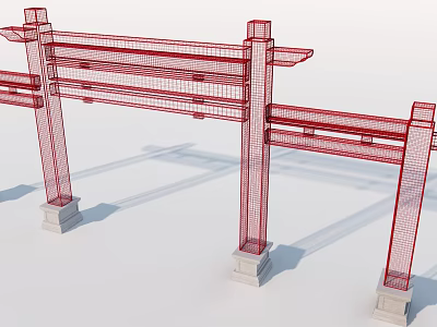 Traditional Chinese Red Archway With Detailed Wireframe Structure And Stone Bases 3d model