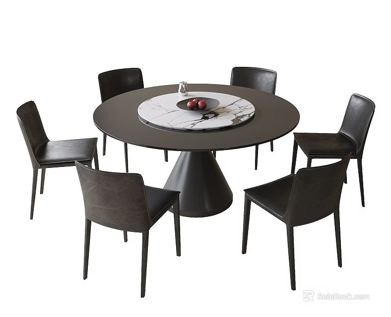 Modern Round Dining Table With Marble Top And Six Black Chairs Set 3d model
