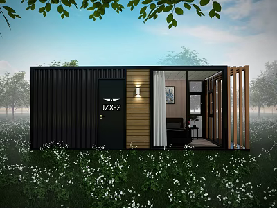 Cozy Container Leisure Area With Black Exterior Wooden Panels Grass And White Flowers 3d model