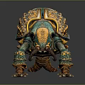 Fantasy Creature Character Featuring Elephant Beetle Hybrid With Blue Yellow Intricate Exoskeleton