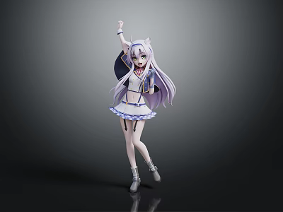 Anime Character With Cat Ears Long Purple Hair White Blue Dress Dance Pose 3d model