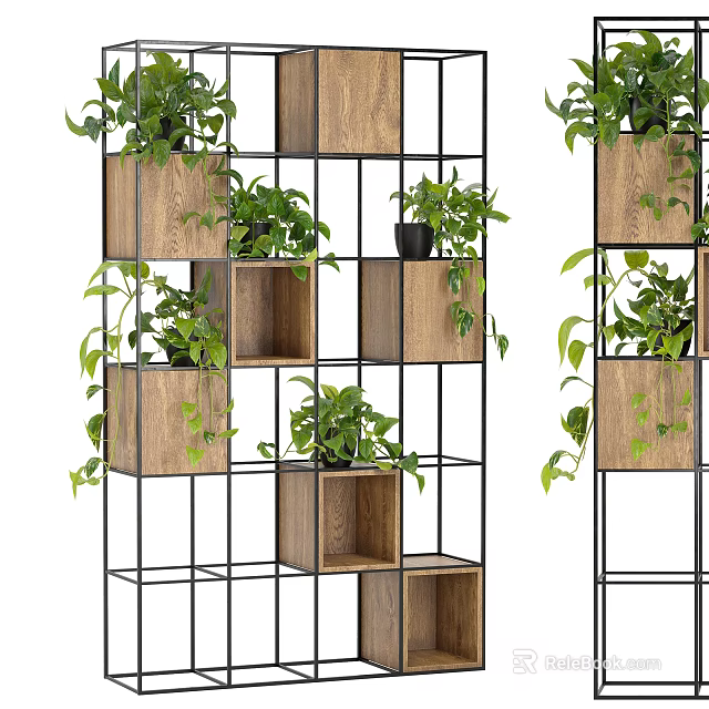 Elegant Bonsai Potted Plants Displayed On Multi Tiered Wooden Metal Shelves With Green Leaves 3d model 