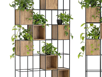 Elegant Bonsai Potted Plants Displayed On Multi Tiered Wooden Metal Shelves With Green Leaves 3d model