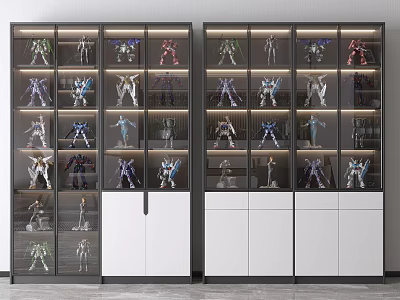 Modern Display Shelves With Glass Doors And Multiple Tiers Displaying Robot Models 3d model