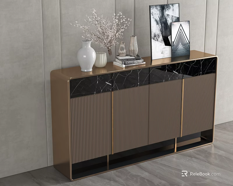 Modern Console Sideboard Cabinet With Black Marble Panel Golden Frame And Decorative Vase 3d model
