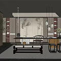 Traditional Tea Room Interior Design With Wooden Tea Table Hanging Lamps And Painted Scroll