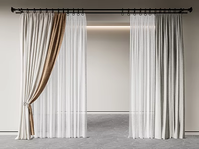 Modern Minimalist Layered Curtains With White Sheer And Beige Brown Panels On Black Rod 3d model