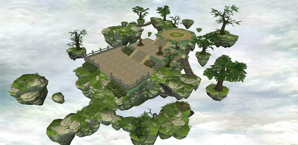 Scenic Floating Islands With Rocky Platform Green Trees And Circular Area 3d model 