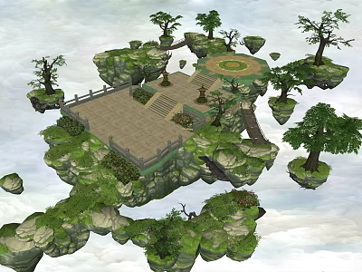 Scenic Floating Islands With Rocky Platform Green Trees And Circular Area 3d model