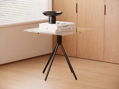 Modern Glass Top Side Table with Black Tripod Legs by Wooden Cabinet and Blinds 3d model