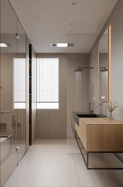 Modern Bathroom Interior With Shower Head Water Flow Wooden Countertop Mirror And Window Blinds 3d model