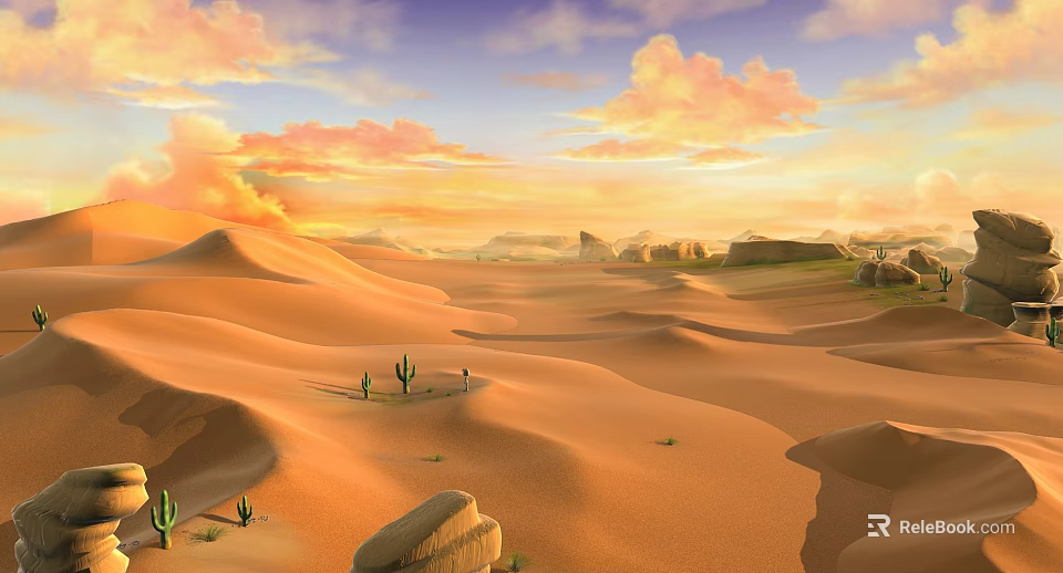 Desert Landscape Sunset View With Sand Dunes Cacti Rocks And Distant Mountains And Colorful Clouds 3d model 
