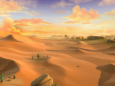 Desert Landscape Sunset View With Sand Dunes Cacti Rocks And Distant Mountains And Colorful Clouds 3d model